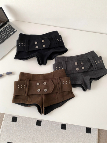 Ženske vunene kratke hlače s kaišem, američki vintage stil, niski porast, 2025 zimska moda, mješavina poliestera i pamuka sa elastanom