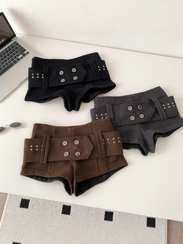 Ženske vunene kratke hlače s kaišem, američki vintage stil, niski porast, 2025 zimska moda, mješavina poliestera i pamuka sa elastanom