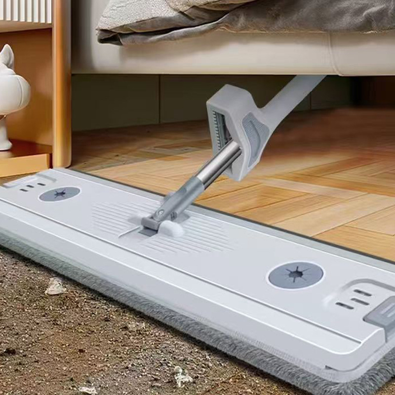 Ploški mop s teleskopskom drškom (100–120 cm), glava od vlakana, šipka od nehrđajućeg čelika, povećana i zgušnjena glava, prijenosni mop s kopčom za krpu
