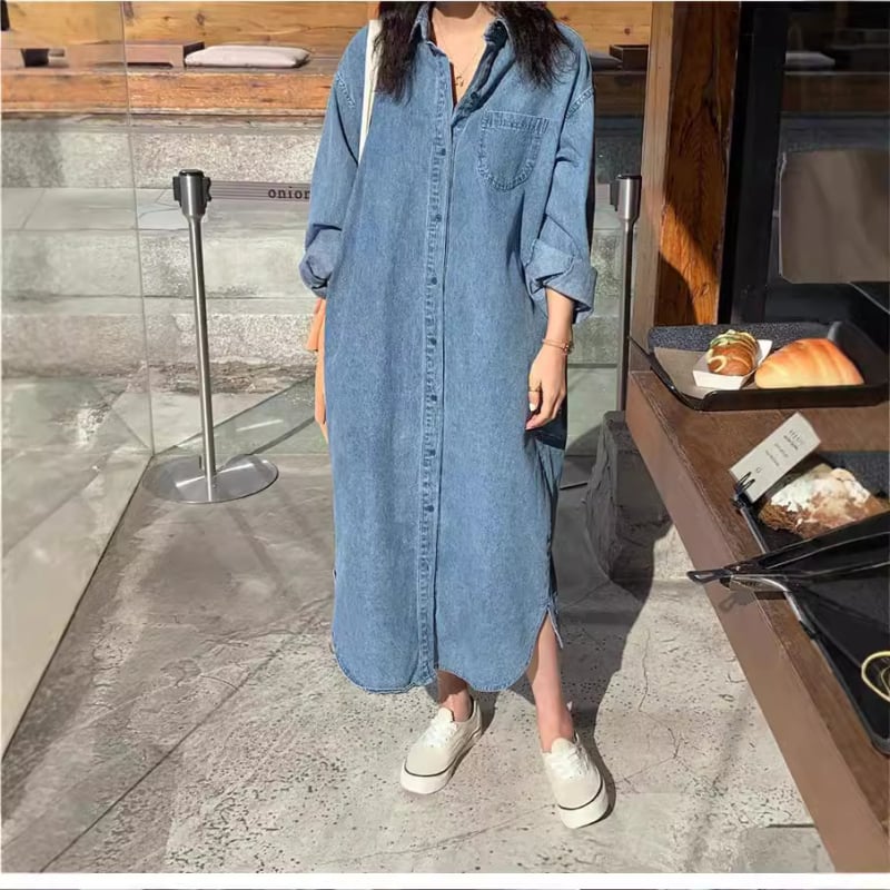 Ženska denim haljina u japansko-korejskom stilu, ležeran kroj, dužina iznad koljena, V-izrez, jesen-zima 2026