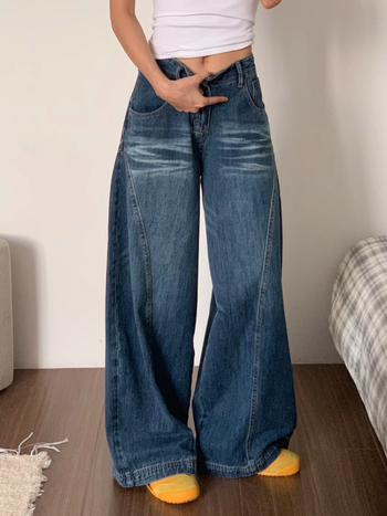 Ženske hlače od džinsa s visokim strukom, široke i ravne, izblijedjeli denim, prozračan kroj