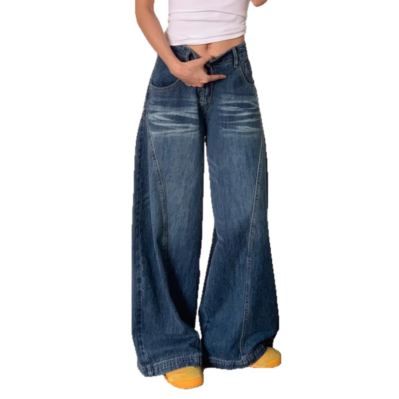 Ženske hlače od džinsa s visokim strukom, široke i ravne, izblijedjeli denim, prozračan kroj