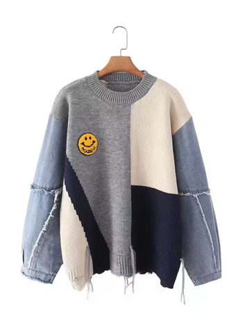 Ženski pleteni džemper s denim rukavima i kontrastnim osmijehom, široki kroj, okrugli vrat, jesen-zima