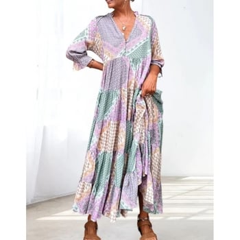 Haljina s V-izrezom i blok boja, casual široka silueta, poliester, duga, oversize, 3/4 rukav, visok struk