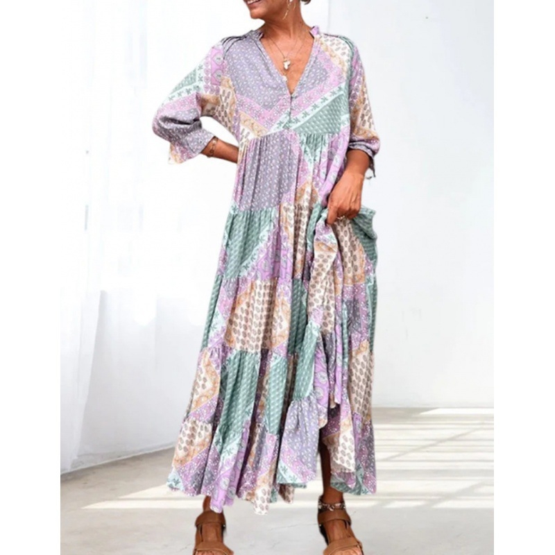 Haljina s V-izrezom i blok boja, casual široka silueta, poliester, duga, oversize, 3/4 rukav, visok struk
