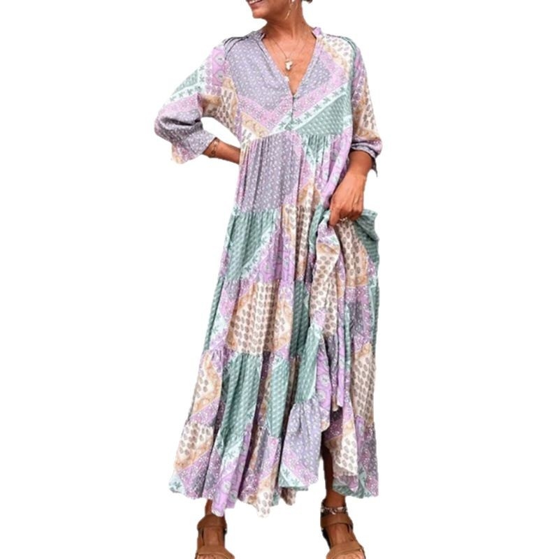 Haljina s V-izrezom i blok boja, casual široka silueta, poliester, duga, oversize, 3/4 rukav, visok struk