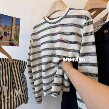 Plus-size pamukasta majica s dugim rukavima, dvobojne pruge, širok kroj, casual top za žene, početak jeseni