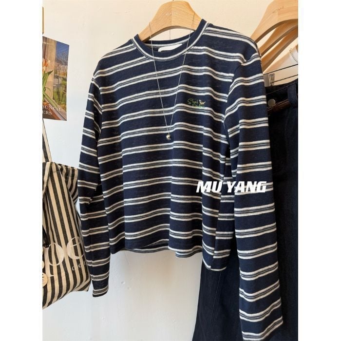Plus-size pamukasta majica s dugim rukavima, dvobojne pruge, širok kroj, casual top za žene, početak jeseni