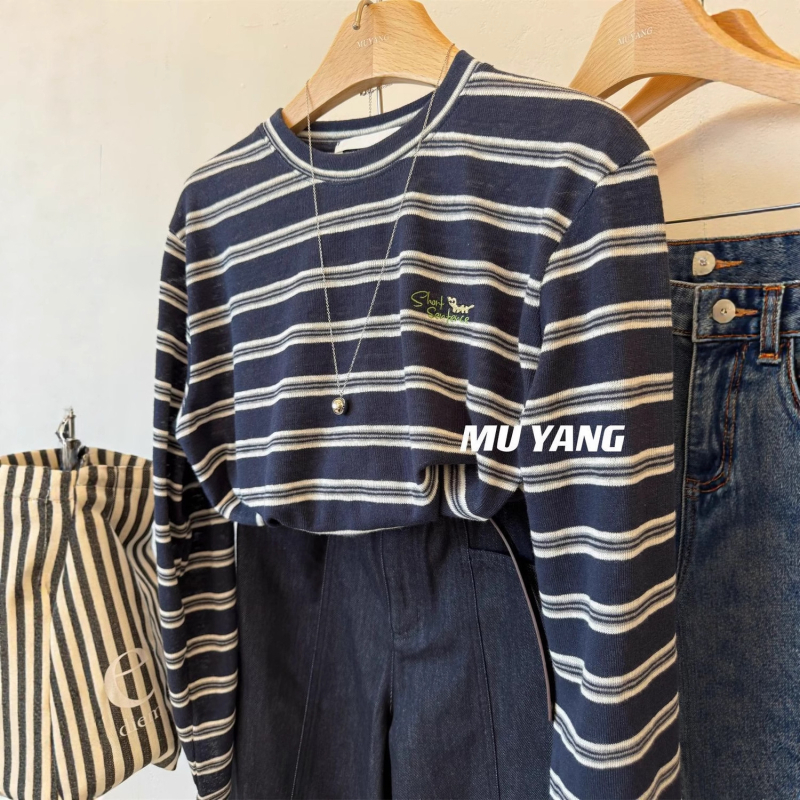 Plus-size pamukasta majica s dugim rukavima, dvobojne pruge, širok kroj, casual top za žene, početak jeseni