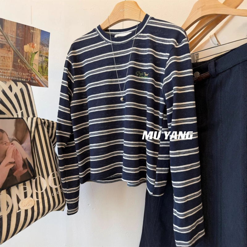 Plus-size pamukasta majica s dugim rukavima, dvobojne pruge, širok kroj, casual top za žene, početak jeseni