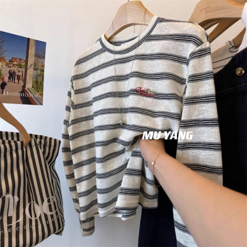 Plus-size pamukasta majica s dugim rukavima, dvobojne pruge, širok kroj, casual top za žene, početak jeseni