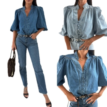 Denim košulja s V izrezom, lantern rukavima, jednobojna, slobodan kroj, kratka duljina 40–50 cm, jesen 2025, street hipster stil