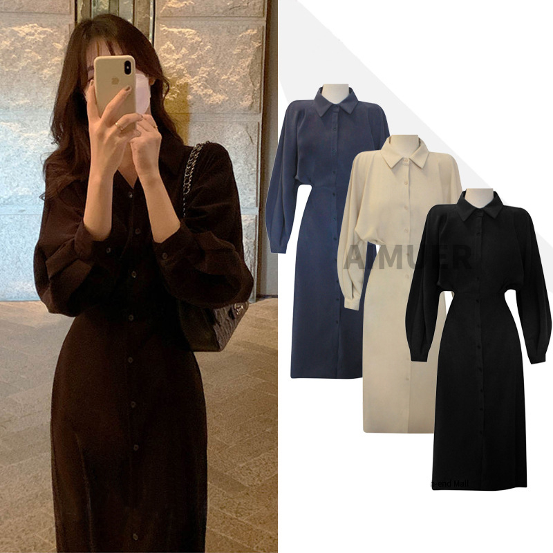 Proljetno-jesenska nova francuska retro haljina, elegantna luksuzna crna haljina, Hepburn stil, duga haljina s uskim strukom, haljina-košulja