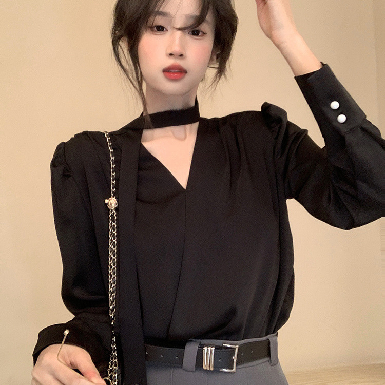 Francuski stil, lagani luksuz, ženska košulja s dugim rukavima, V-izrez i vezanje, elegantan top