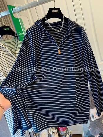 Ženska majica s kapuljom u prugastom dizajnu, labav kroj, dugi rukavi, Plus veličina