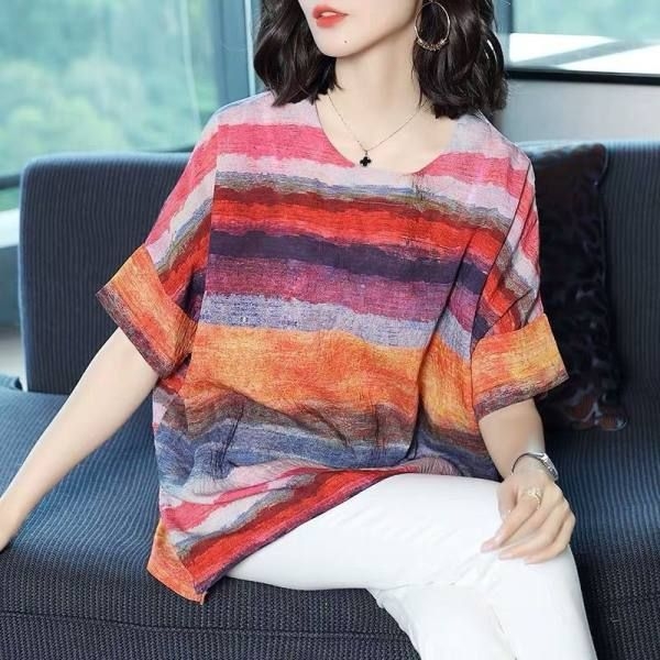 Damski T-shirt za plus size, ljetni model, kratkih rukava, slobodan kroj, okrugli izrez, poliester, geometrijski uzorak