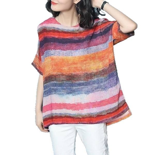 Damski T-shirt za plus size, ljetni model, kratkih rukava, slobodan kroj, okrugli izrez, poliester, geometrijski uzorak