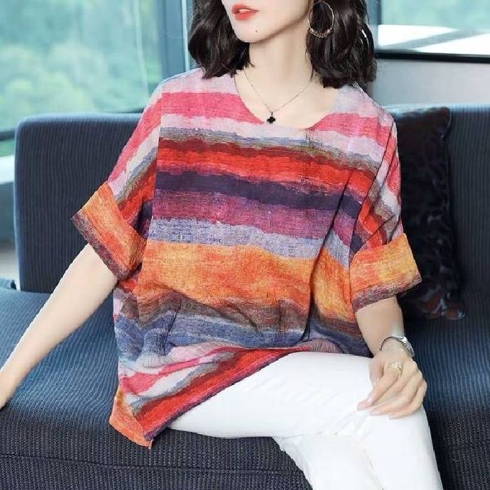 Damski T-shirt za plus size, ljetni model, kratkih rukava, slobodan kroj, okrugli izrez, poliester, geometrijski uzorak