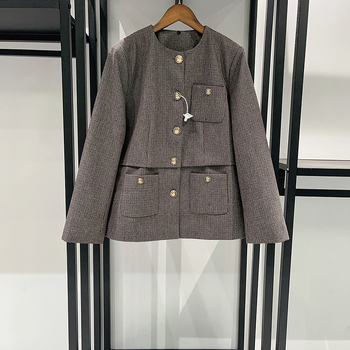 Francuski stil, nišni komad, 2025 jesen-zima, vuneni mješavina, houndstooth patchwork ovratnik, A-kroj suknje, elegantan kostim s metalnom kopčom 25844
