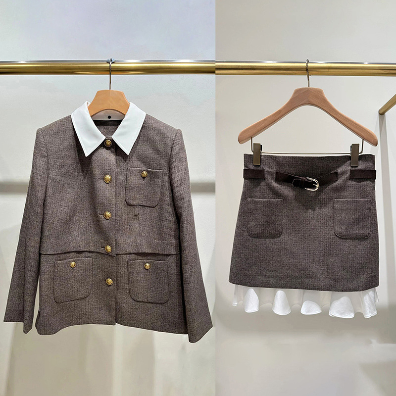 Francuski stil, nišni komad, 2025 jesen-zima, vuneni mješavina, houndstooth patchwork ovratnik, A-kroj suknje, elegantan kostim s metalnom kopčom 25844