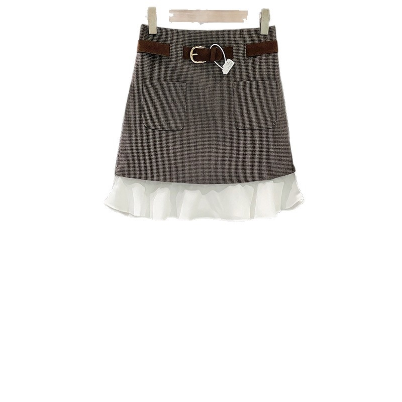 Francuski stil, nišni komad, 2025 jesen-zima, vuneni mješavina, houndstooth patchwork ovratnik, A-kroj suknje, elegantan kostim s metalnom kopčom 25844