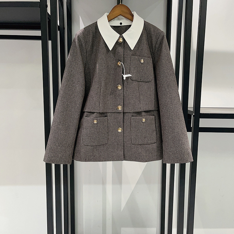 Francuski stil, nišni komad, 2025 jesen-zima, vuneni mješavina, houndstooth patchwork ovratnik, A-kroj suknje, elegantan kostim s metalnom kopčom 25844