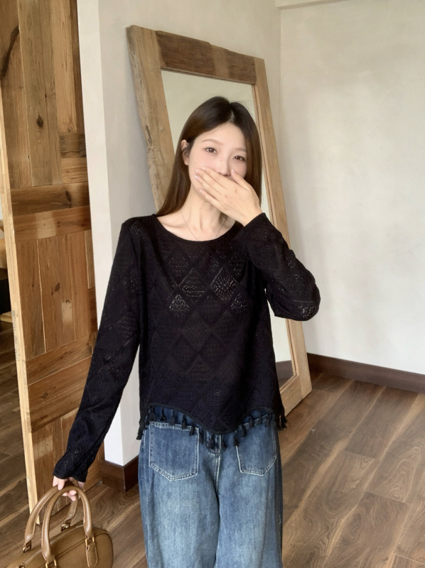 Plus size ženska majica s francuskim izrezom i resicama, asimetrični okrugli izrez, dugi rukavi, 80242