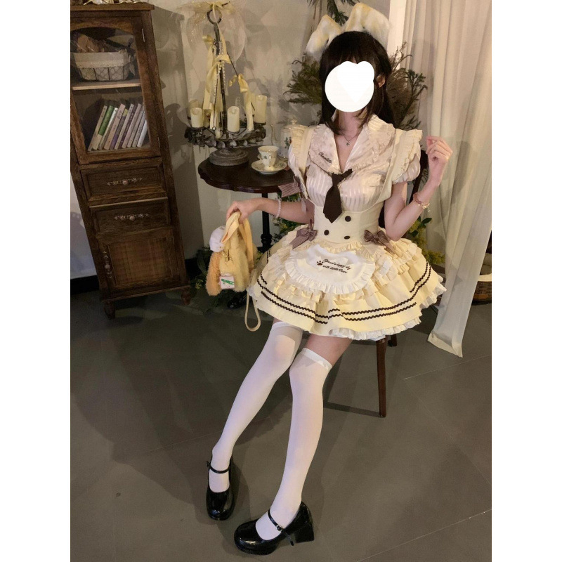 Slatki Lolita trodjelni komplet: košulja s volanima i patchworkom, uski prsluk i tutu suknja