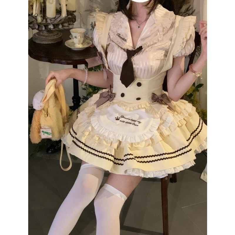 Slatki Lolita trodjelni komplet: košulja s volanima i patchworkom, uski prsluk i tutu suknja