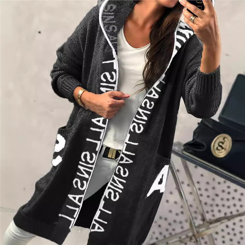 Μακρύ γυναικείο cardigan με κουκούλα, φθινοπωρινό–χειμερινό 2025, με γράμματα, ευρωπαϊκό στυλ