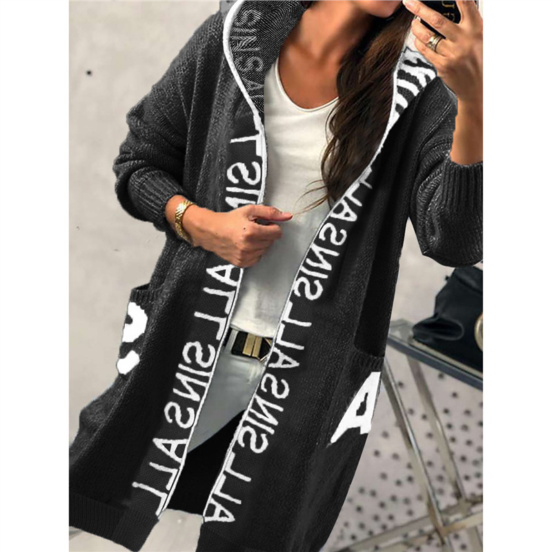 Μακρύ γυναικείο cardigan με κουκούλα, φθινοπωρινό–χειμερινό 2025, με γράμματα, ευρωπαϊκό στυλ