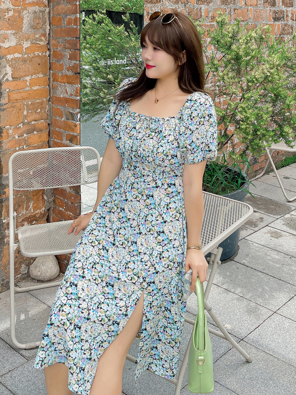 Haljina plus veličine s floralnim uzorkom, ljeto, francuski retro stil, duga A‑linija kroja, kvadratni izrez, puff rukavi 3/4