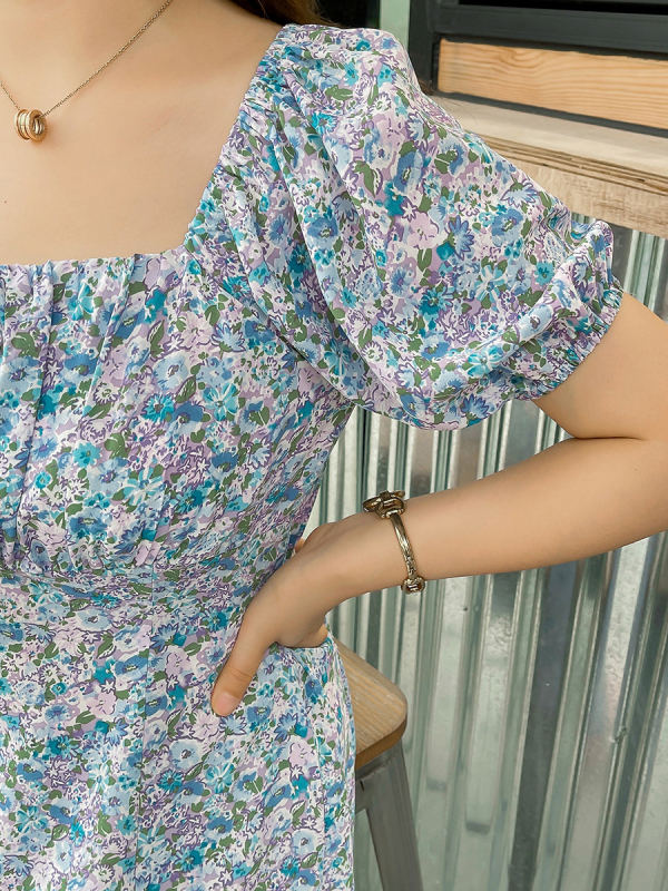 Haljina plus veličine s floralnim uzorkom, ljeto, francuski retro stil, duga A‑linija kroja, kvadratni izrez, puff rukavi 3/4