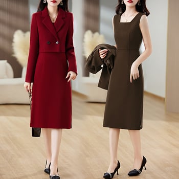 Crveni ženski vuneni dvodijelni set – sako i midi haljina, jesen/zima 2025, elegantan gradski stil