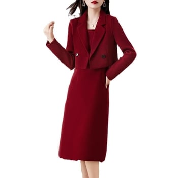 Crveni ženski vuneni dvodijelni set – sako i midi haljina, jesen/zima 2025, elegantan gradski stil
