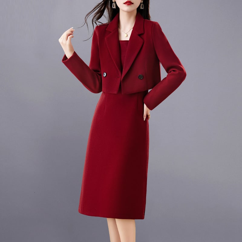 Crveni ženski vuneni dvodijelni set – sako i midi haljina, jesen/zima 2025, elegantan gradski stil