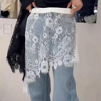 Ženska midi suknja s čipkom i patchworkom, visokim strukom, asimetričan rub, elegantan svakodnevni stil