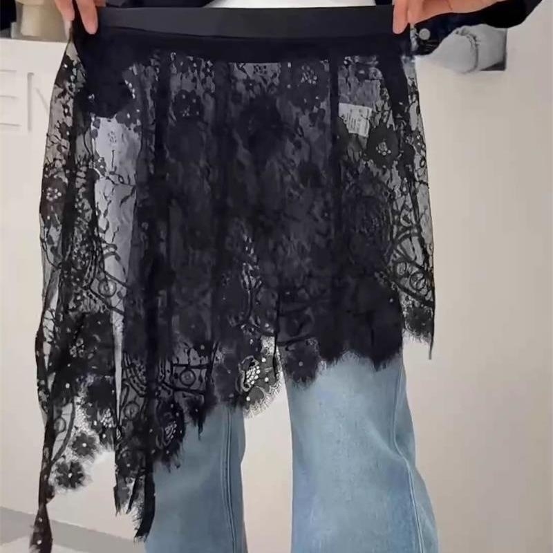 Ženska midi suknja s čipkom i patchworkom, visokim strukom, asimetričan rub, elegantan svakodnevni stil