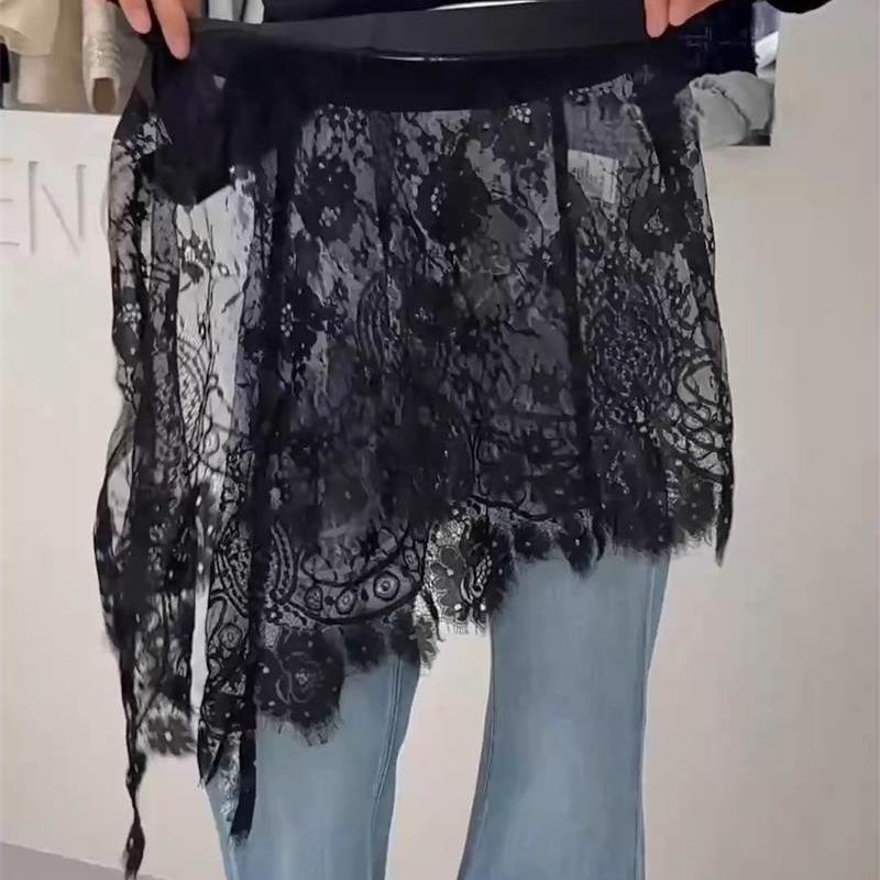 Ženska midi suknja s čipkom i patchworkom, visokim strukom, asimetričan rub, elegantan svakodnevni stil