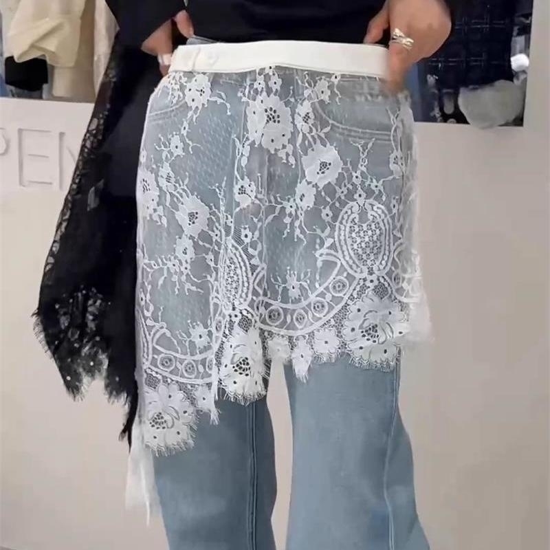 Ženska midi suknja s čipkom i patchworkom, visokim strukom, asimetričan rub, elegantan svakodnevni stil