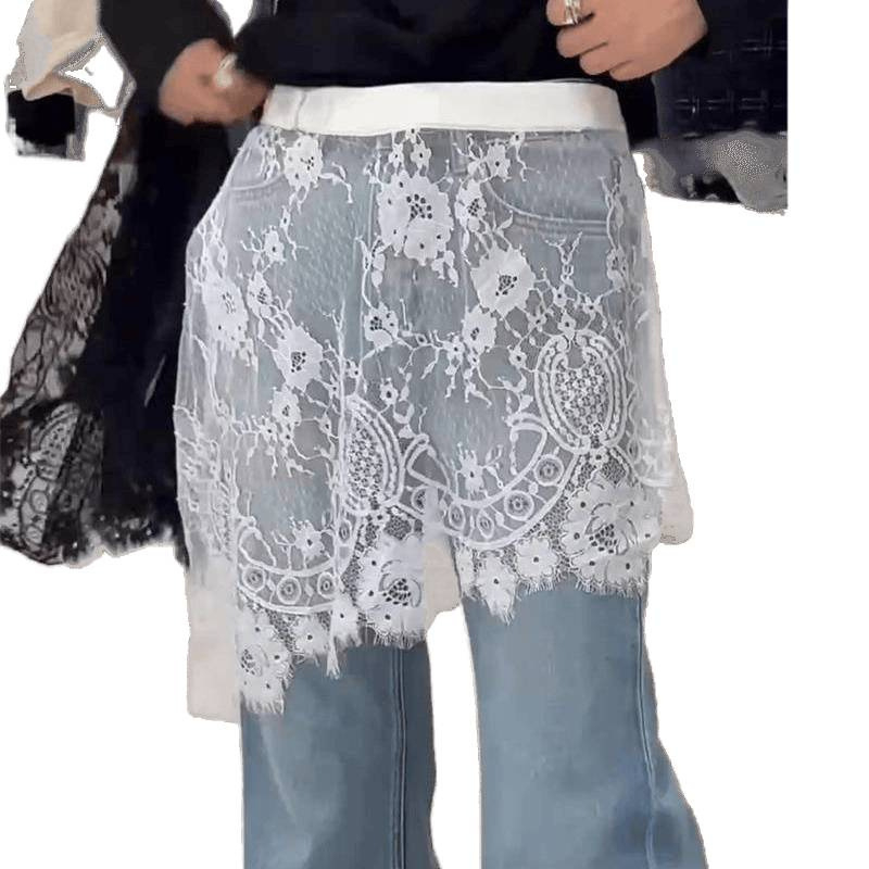 Ženska midi suknja s čipkom i patchworkom, visokim strukom, asimetričan rub, elegantan svakodnevni stil