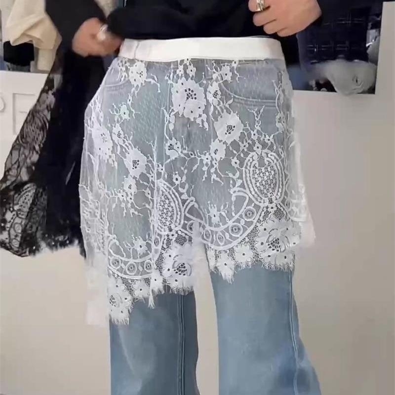 Ženska midi suknja s čipkom i patchworkom, visokim strukom, asimetričan rub, elegantan svakodnevni stil
