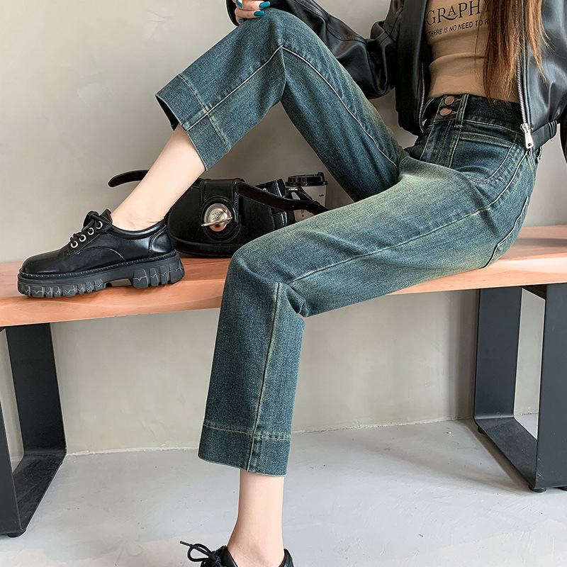 Elastične tamnoplave traperice s visokim strukom, dužina 3/4, ravni kroj, slim fit