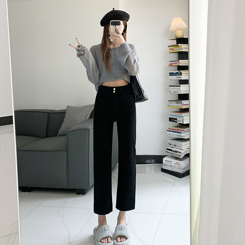 Elastične tamnoplave traperice s visokim strukom, dužina 3/4, ravni kroj, slim fit