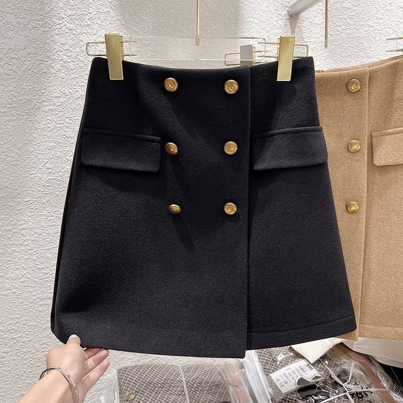 Korejski stil, uski kroj, jednobojna Chenille kratka suknja s visokim strukom i dvostrukim redovima gumba, zima
