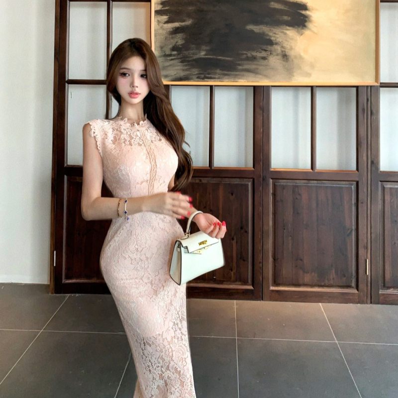 Ljetna čipkasta haljina bez rukava s uskim strukom, elegantan francuski šik, slim fit