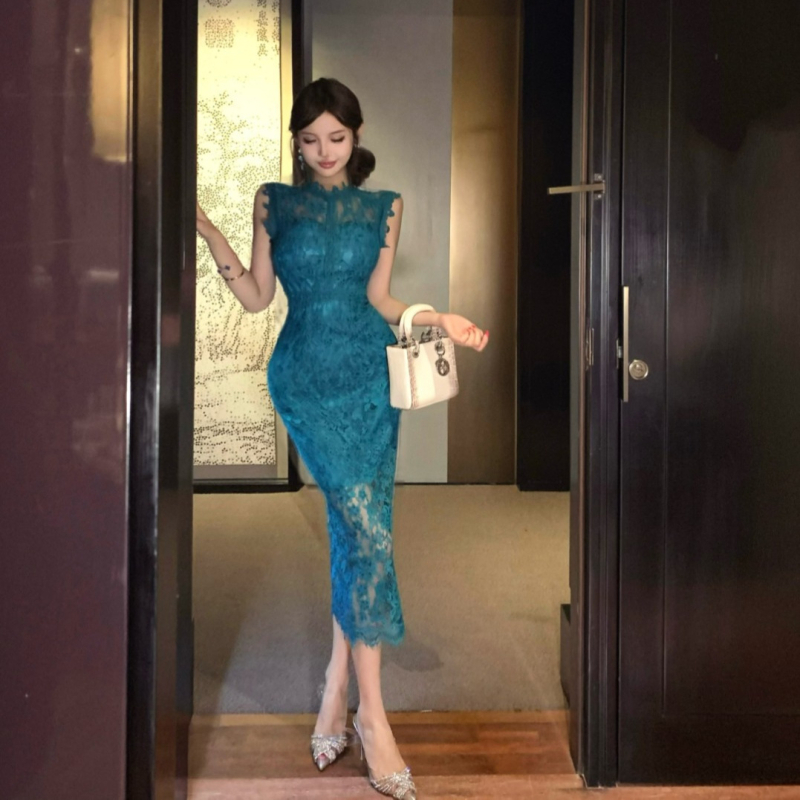 Ljetna čipkasta haljina bez rukava s uskim strukom, elegantan francuski šik, slim fit
