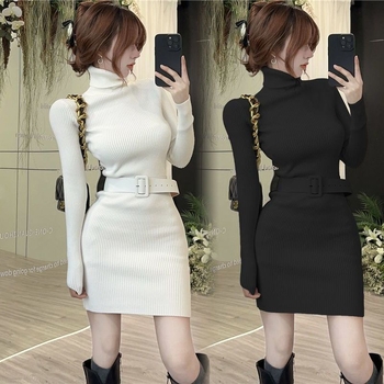 Rochie tricotată cu guler înalt pentru iarnă, culoare solidă, talie trasă, scurtă, croială bodycon pentru femei