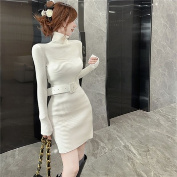 Rochie tricotată cu guler înalt pentru iarnă, culoare solidă, talie trasă, scurtă, croială bodycon pentru femei