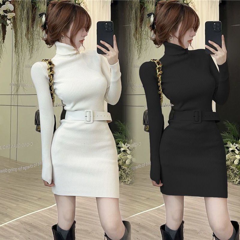 Rochie tricotată cu guler înalt pentru iarnă, culoare solidă, talie trasă, scurtă, croială bodycon pentru femei